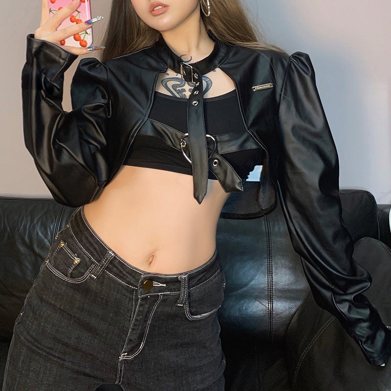 Love cloth forget new female street style hot girl locomotive women's top schoolbag buckle bubble sleeve short leather jacket