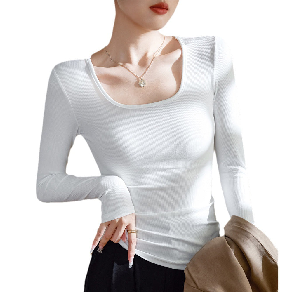 High elastic thin threaded cotton square neck T-shirt women's long sleeves 2026 autumn and winter new outer wear front shoulder tight bottoming shirt top
