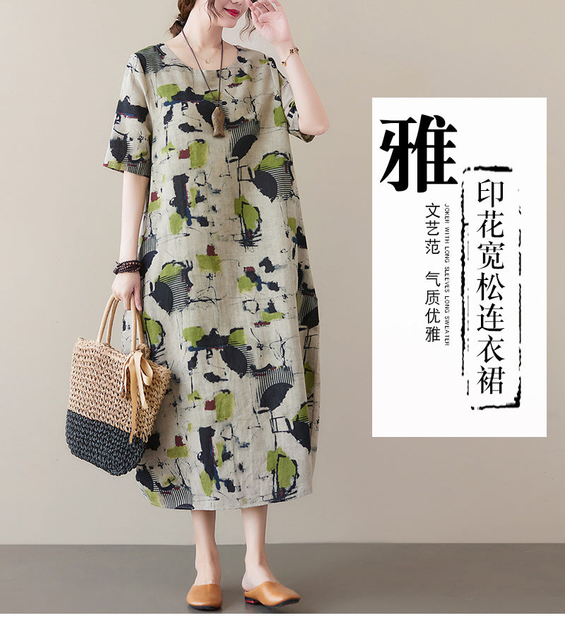 Real shot 2025 summer new literary loose cotton and linen printing round neck short-sleeved dress women's medium and long #8363