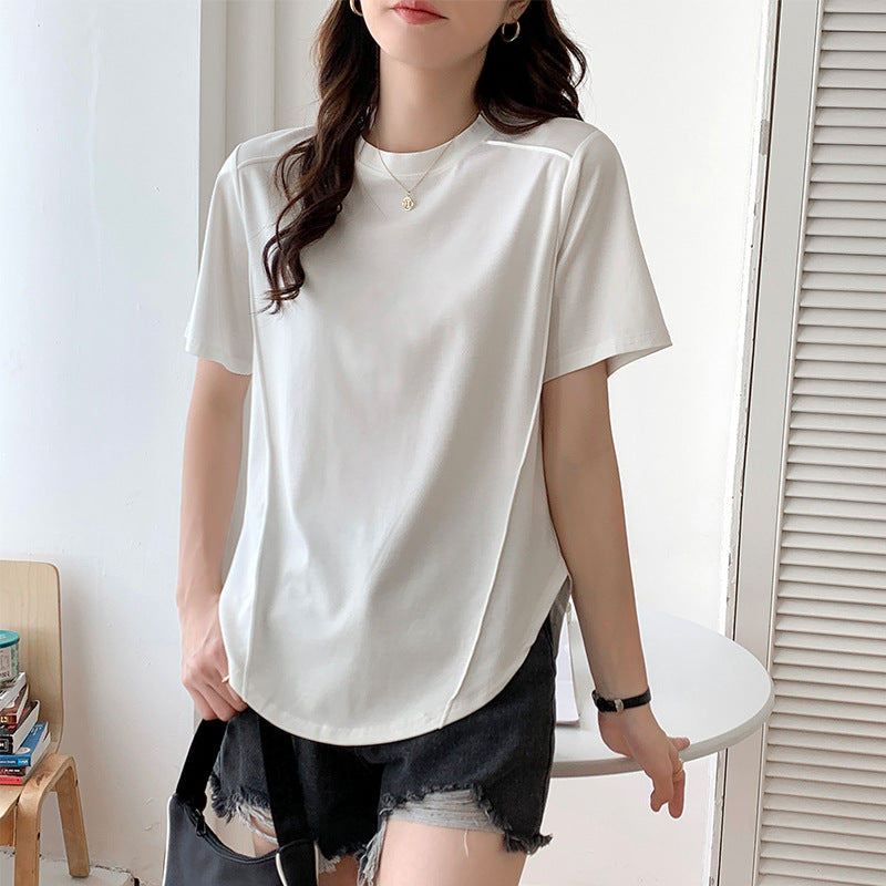 Short-sleeved T-shirt women's hem curved Roman Tencel fish bone half-sleeved ice silk top loose summer stomach cover t-shirt