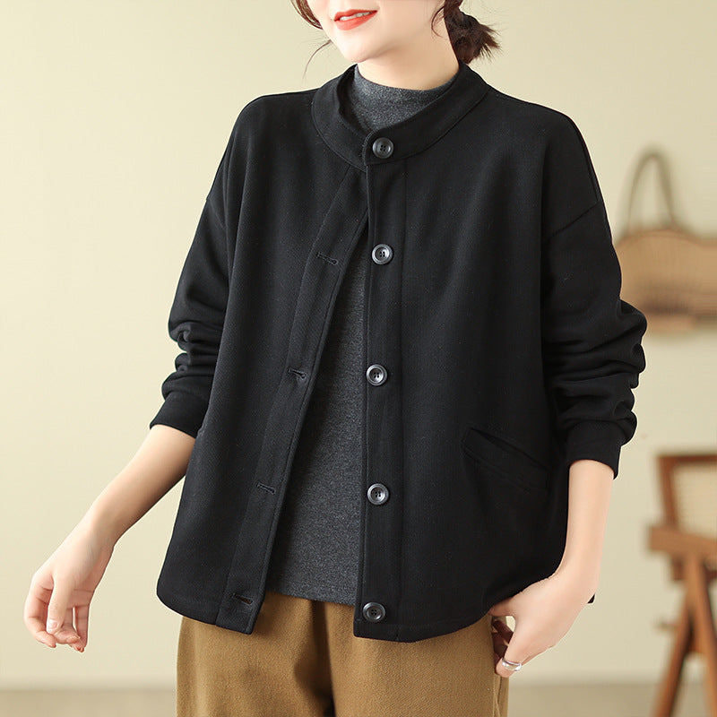 Real shot 2025 autumn new casual large size loose solid color stand-up neck cardigan long-sleeved jacket women's clothing #8353