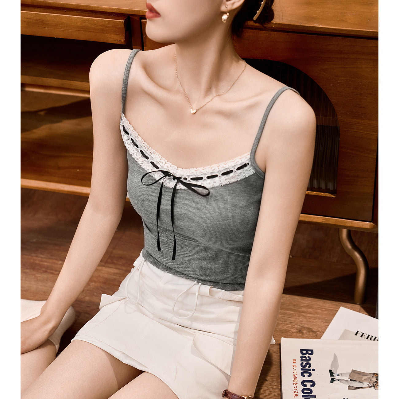 Select Threaded Cotton Lace Bow Strap Spice Girl Suspender Vest Women's Pure Beauty Back Inner Top