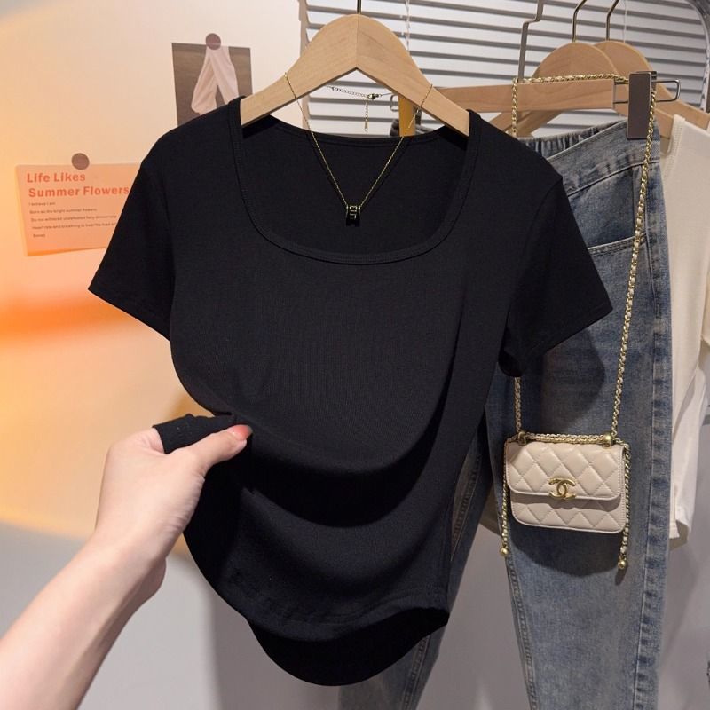 Gray square neck short-sleeved T-shirt women's summer 2025 new waist pleated small fragrant slim-fitting and thin shoulder top