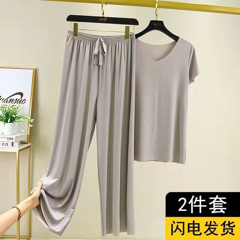 Amazon spring and summer two-piece suit can be worn outside V-neck short-sleeved T-shirt thin solid color loungewear loose wide-leg pants