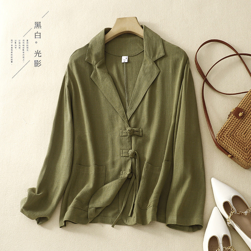 Real shot 2025 spring new literary loose solid color cotton and linen buckle long-sleeved blazer women's top