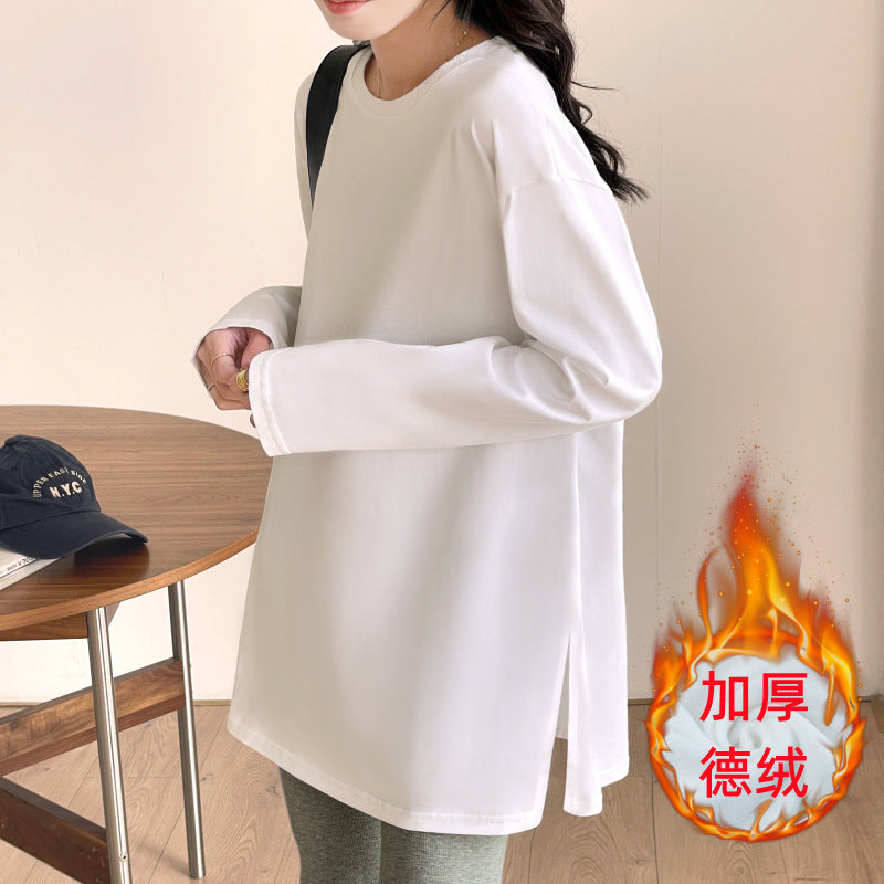 Split-ended white bottomed shirt for women's autumn and winter with fleece and thickened medium and long loose butt-covering German fleece long-sleeved T-shirt