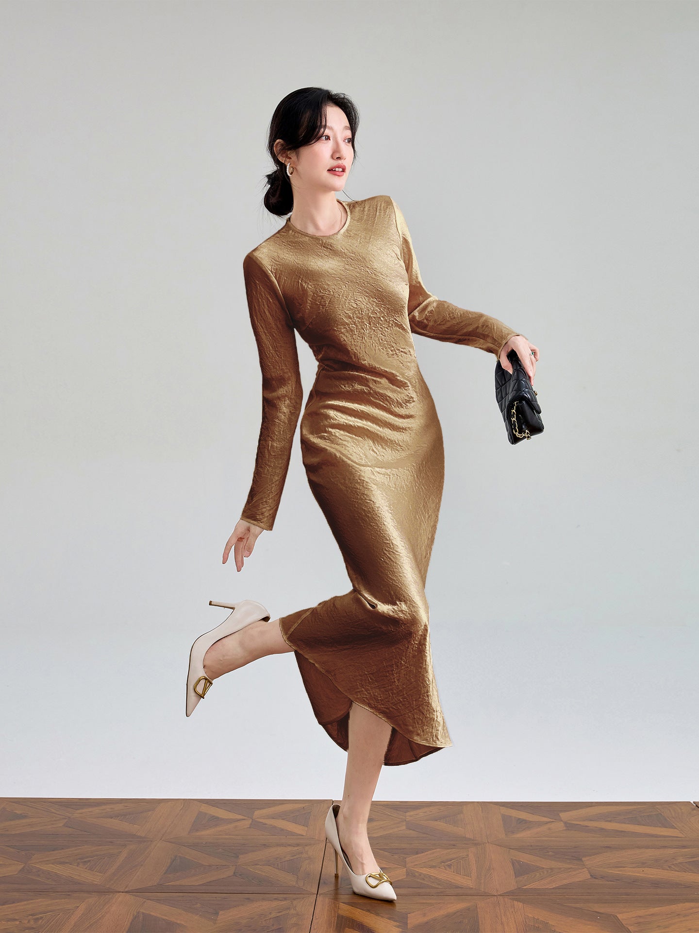 Haute couture 100% acetic acid, spring and autumn French elegance temperament fashionable pole extreme sense satin pleated long-sleeved dress women