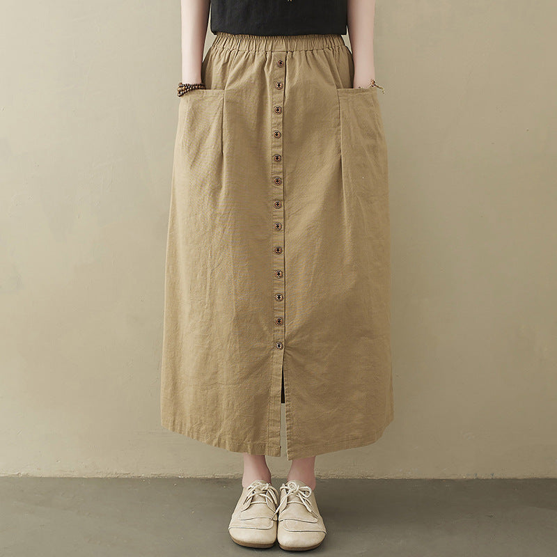 Real shot 2025 summer new literary loose solid color elastic waist skirt women's medium and long A-shaped skirt 2027 #