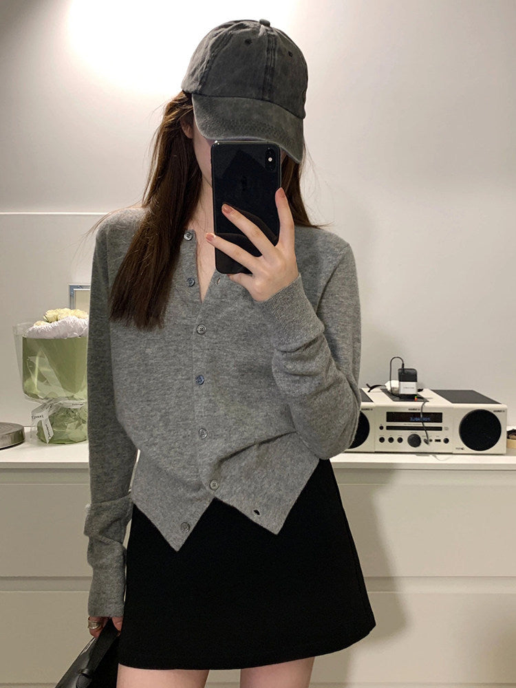 Premium Korean gray knitted cardigan women's spring and autumn temperament slim and thin outer cashmere sweater jacket top