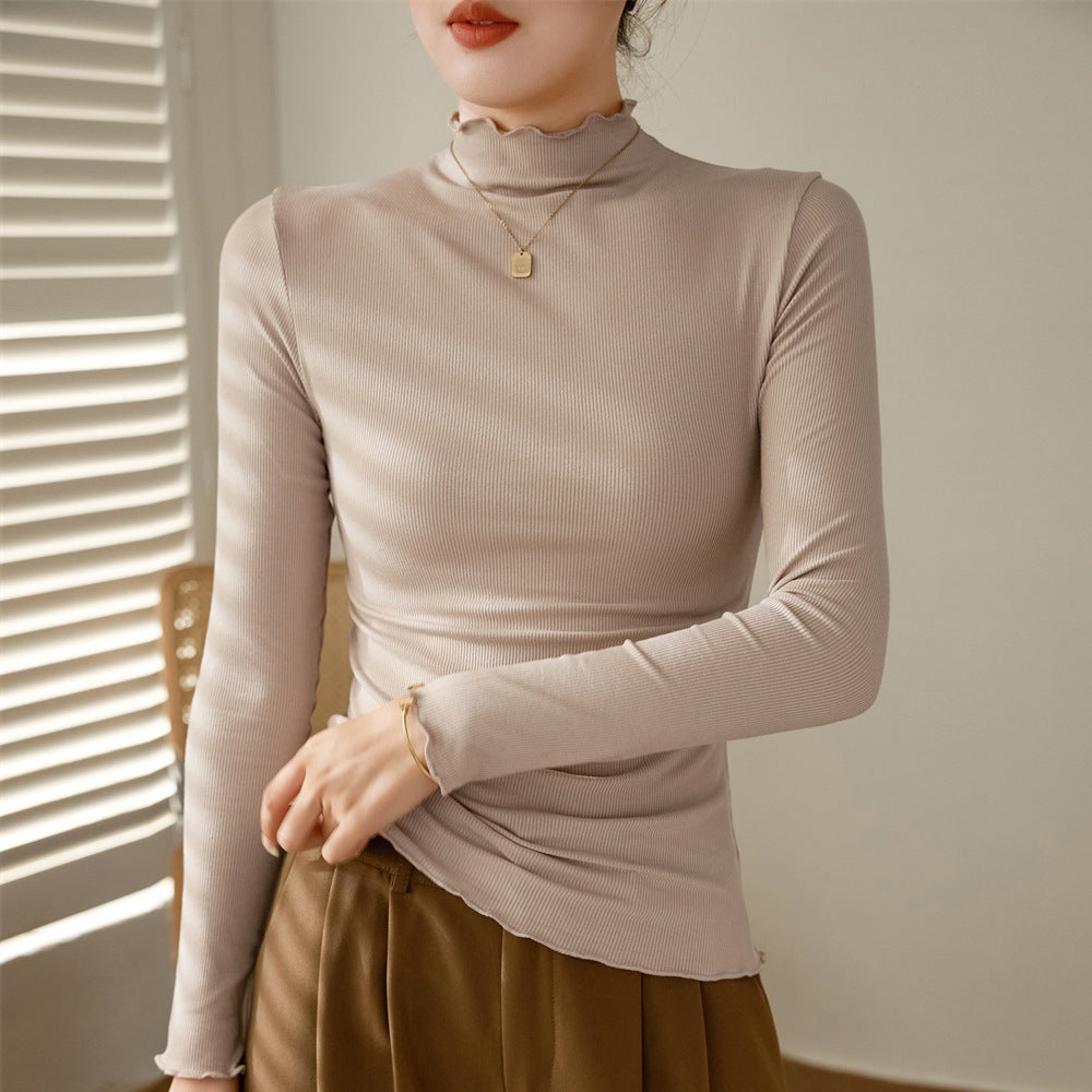 Fungus crimped semi-turtleneck bottoming shirt women's long-sleeved T-shirt 2026 autumn and winter new shirt slim and thin top