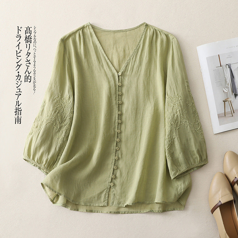 Real shot 2025 summer new literary embroidery button shirt V-neck cardigan cotton and linen shirt top women's clothing
