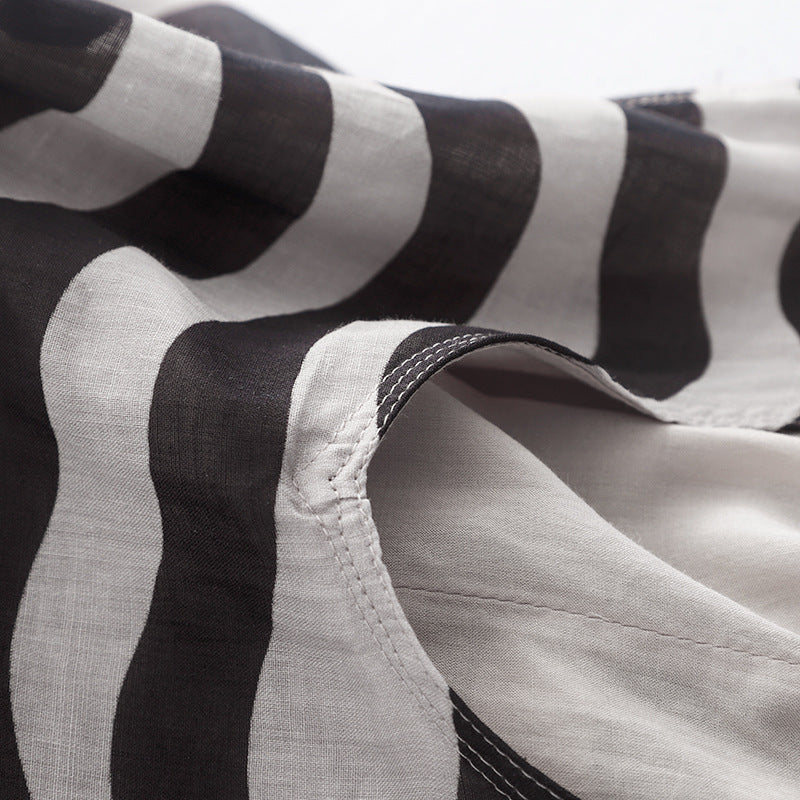 New cotton and linen dark grid 2023 striped single-layer printing light and cool V-neck sleeveless dress women