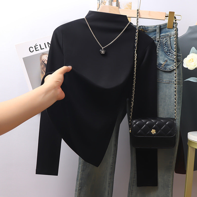 White threaded small collar long-sleeved bottoming shirt for women's autumn and winter 2025 new inner velvet thickened thermal top