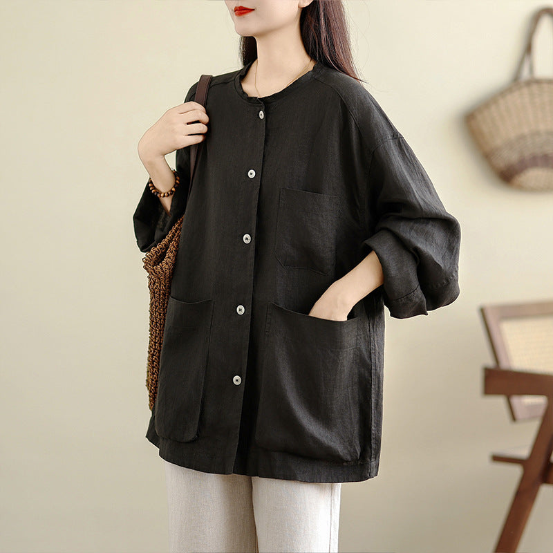 Real shot 2025 autumn new cotton and linen literary loose tooling round neck simple casual top jacket women