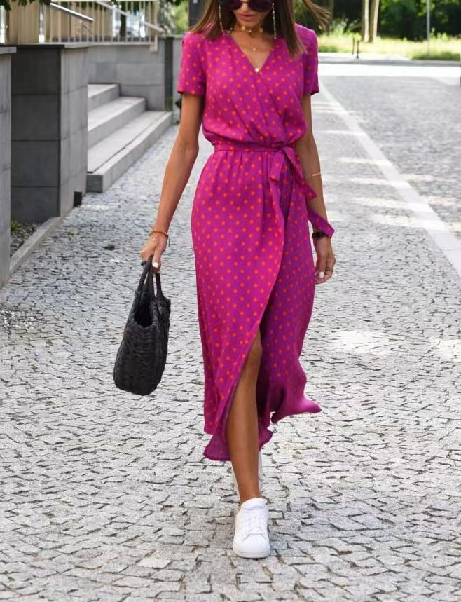 European and American cross-border Amazon printed dress 2025 summer cross-border V-neck split fork medium and long group foreign trade women's clothing