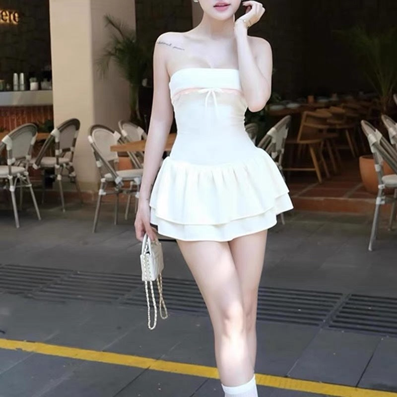 European and American style 2025 summer new women's clothing contrasting color splicing one-word collar chest-wrapped ruffle edge slim-fitting waist dress