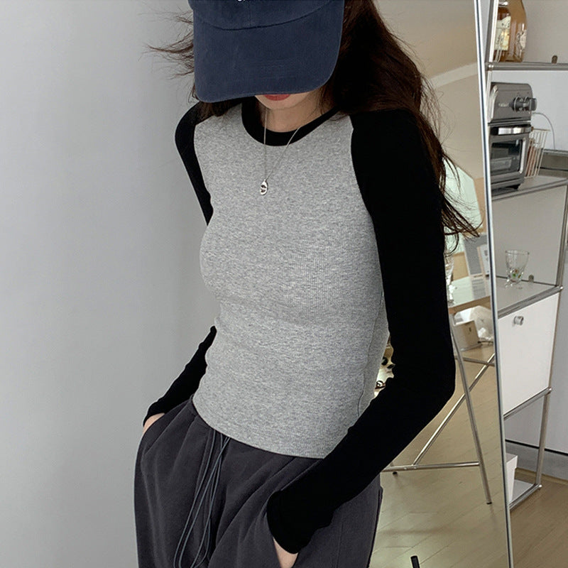 High-quality, fine-threaded cotton 2026 autumn new product bottoming shirt women's long-sleeved T-shirt color matching retro contrasting versatile top