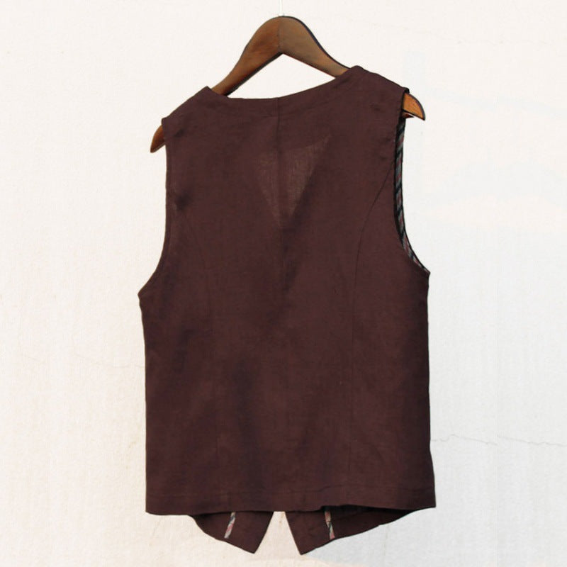 In the summer of 2025, the new literary and loose solid color cotton and linen V-neck vest, vest, women's jacket, vest top #6182