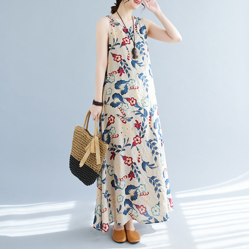 Real shot 2023 summer new literary loose cotton and linen printing round neck sleeveless dress women's medium and long #8607