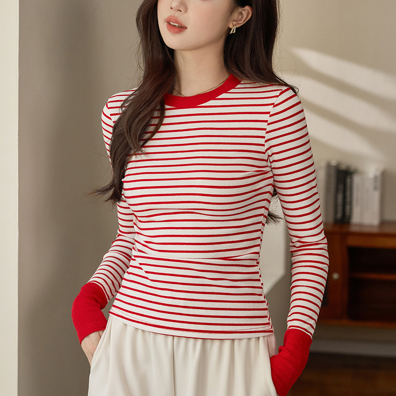 #Selection of pure cotton #High-end contrasting striped T-shirt women's long-sleeved 2026 autumn and winter new foreign-style shoulder bottoming shirt
