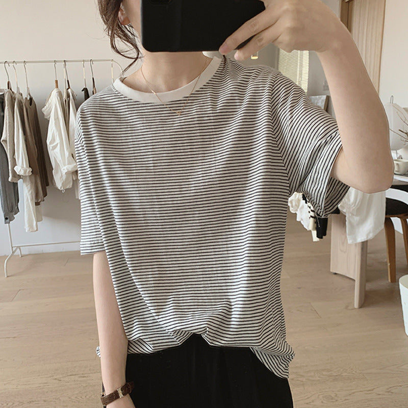 Bag collar sticker 260g pure cotton striped T-shirt women's 2026 summer new loose and thin versatile short-sleeved T-shirt top