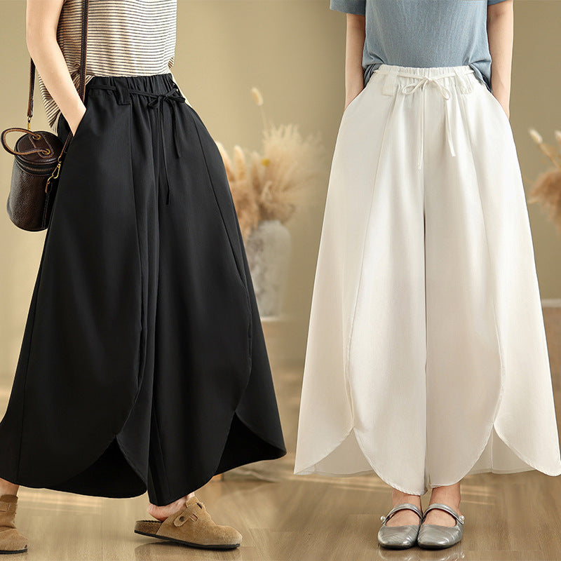 Real shot 2025 summer new casual large size loose solid color elastic waist wide leg pants nine-point pants women #9062