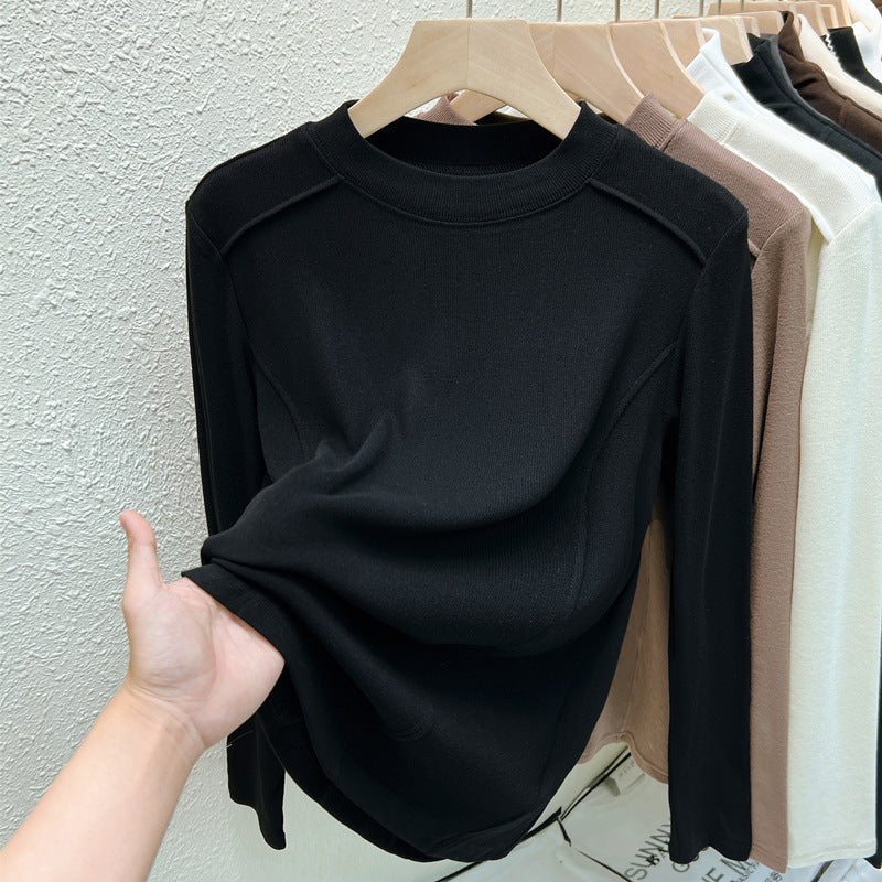 Three-dimensional line polished thin velvet T-shirt bottoming shirt women's autumn and winter new thin threaded cotton long-sleeved top T-shirt