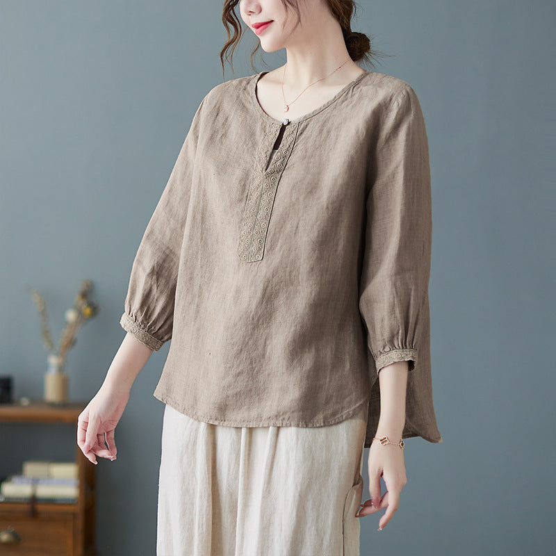 Real shot 2024 summer new cotton and linen literary and retro loose short-sleeved shirt top T-shirt women