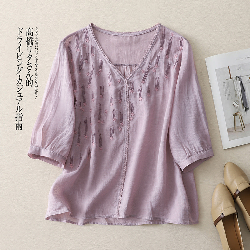 Real shot 2025 summer thin V-neck five-quarter sleeve pullover literary cotton and linen loose top T-shirt women's clothing