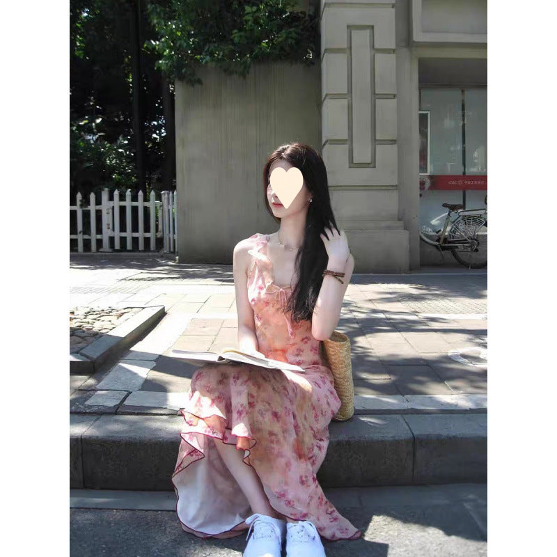 French pink floral suspender dress women's summer 2025 new small temperament waist holiday dress