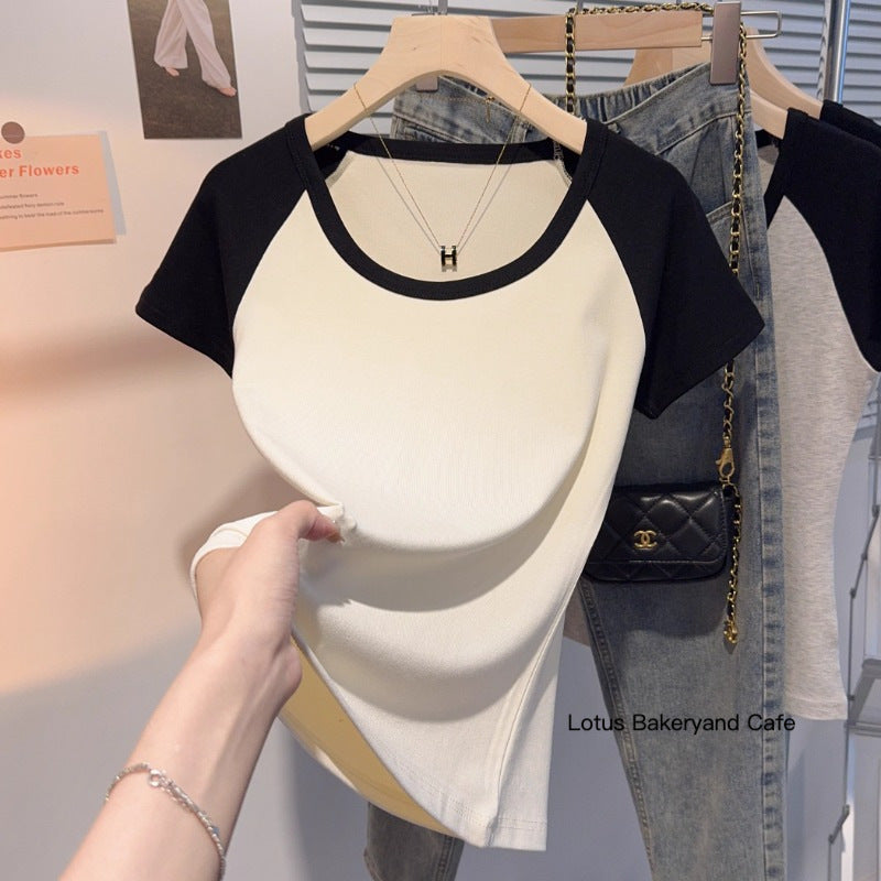 Export to domestic sales apricot threaded thin short-sleeved T-shirt women's summer 2025 new u-neck contrasting top