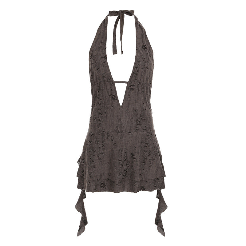 American Street Wasteland Style Sexy Neck Irregular Strap Halter Dress Spice Girl Deep V-Neck As Old Short Skirt