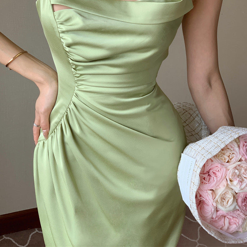 New Chinese acetic acid satin sleeveless dress for women's summer waist temperament versatile slit skirt looking thin commuting