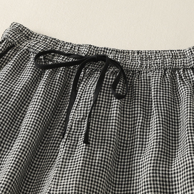 Real shot 2025 summer new casual loose cotton and linen plaid elastic waist Harlan pants nine-point pants women's #2615