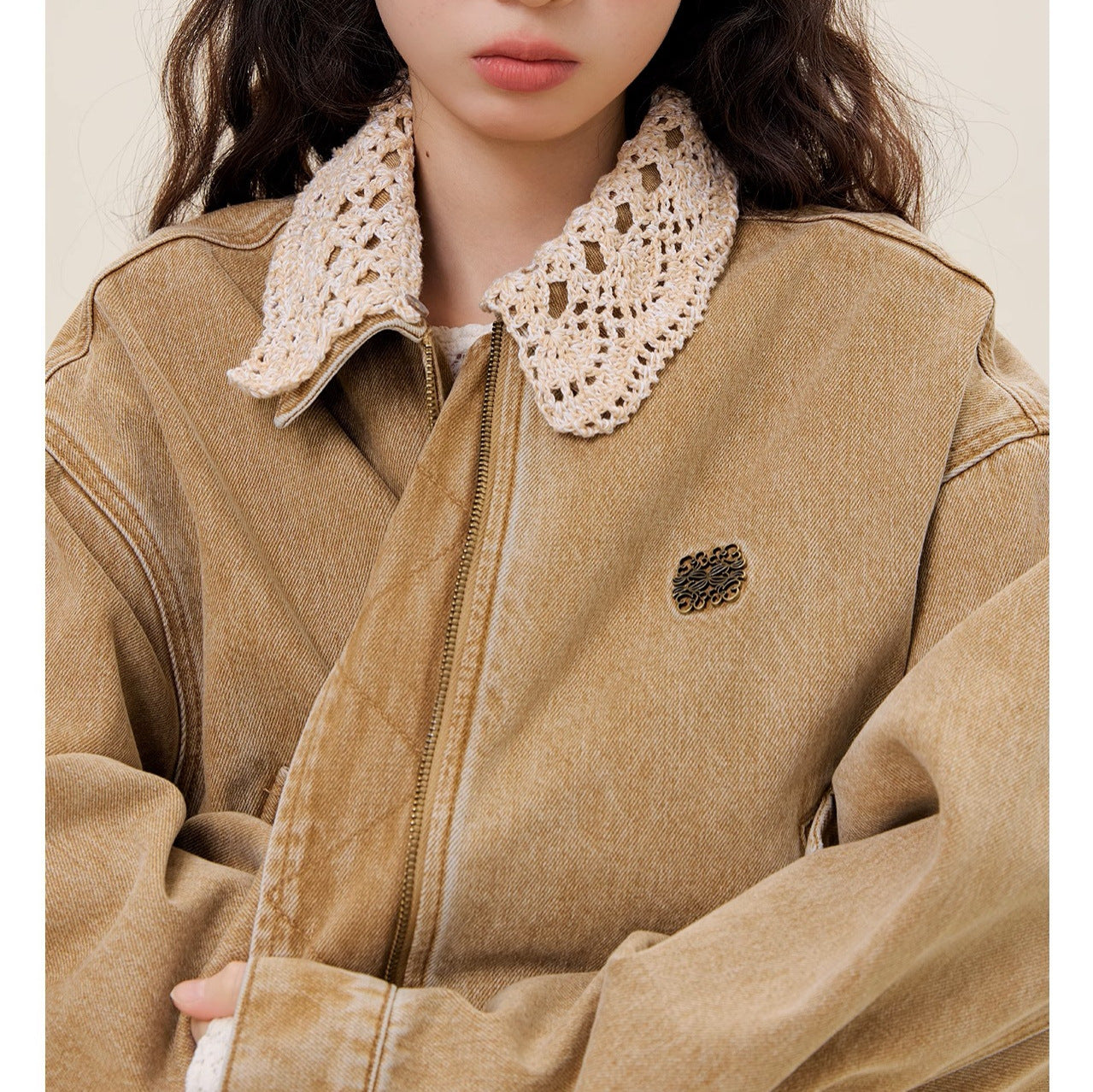 Bud hem detachable knitted collar denim jacket romantic lace daughter wind 25 autumn