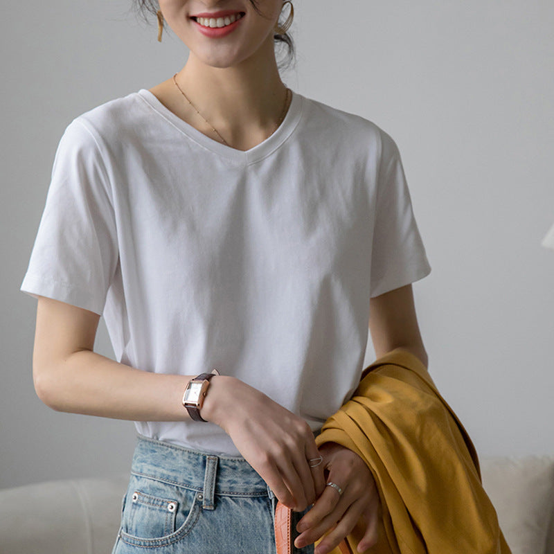 230G combed cotton V-neck short-sleeved T-shirt women's loose versatile and thin Korean version 2026 summer new bottoming shirt top