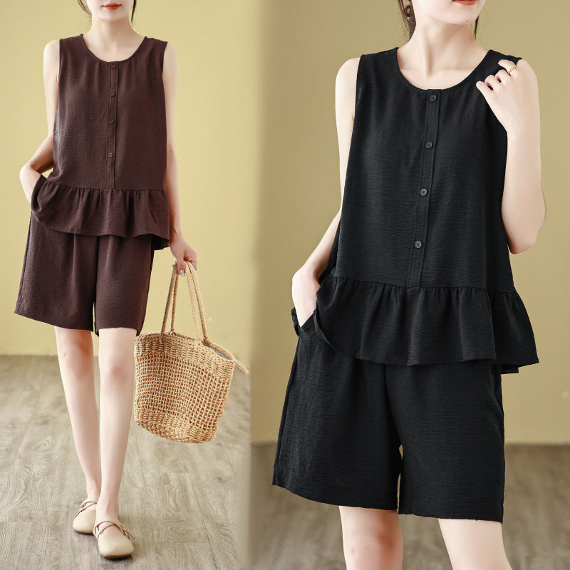 2025 summer new hem ruffle edge sleeveless loose top vest + shorts casual suit women's clothing