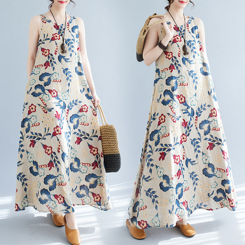 Real shot 2023 summer new literary loose cotton and linen printing round neck sleeveless dress women's medium and long #8607