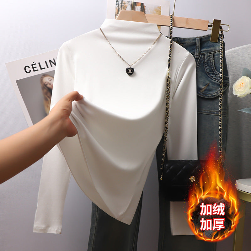 White threaded small collar long-sleeved bottoming shirt for women's autumn and winter 2025 new inner velvet thickened thermal top