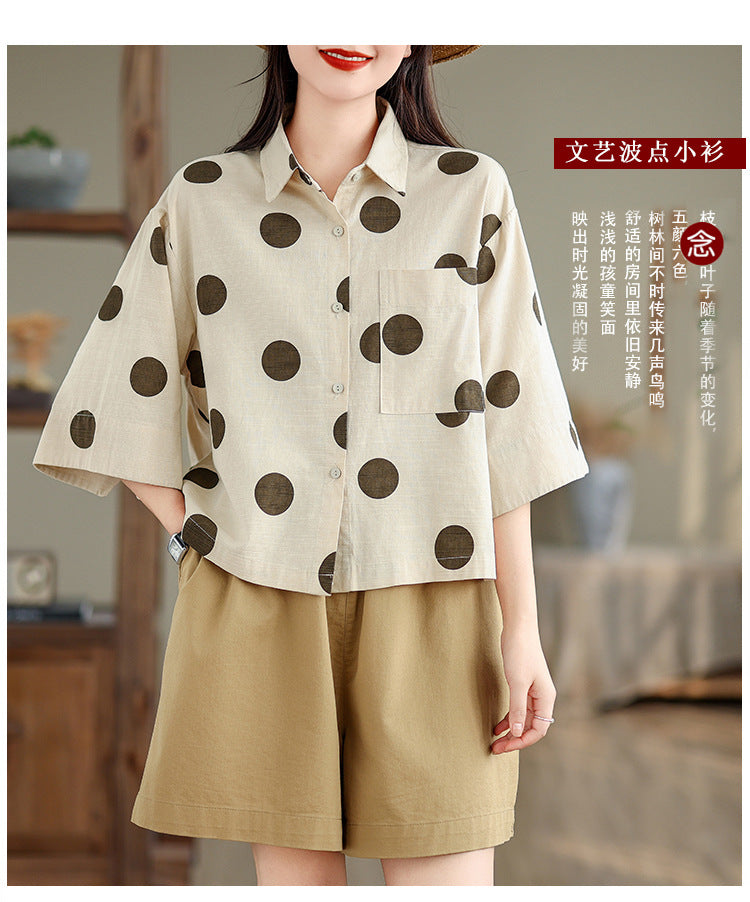 Real shot 2025 summer new literary loose polka dot lapel short-sleeved shirt blouse top #9531