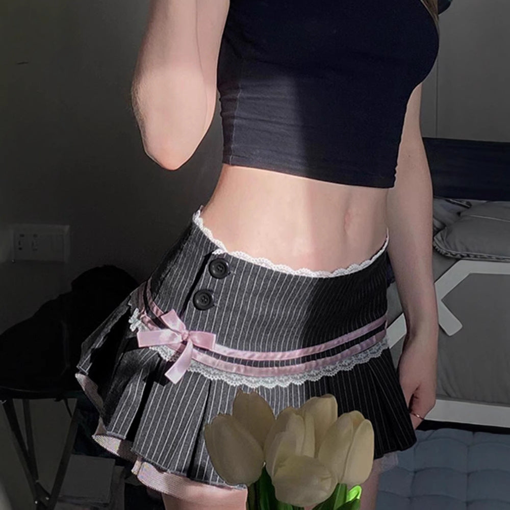 Love cloth forget French ballet style contrasting colors striped bow lace splicing skirt suit material pleated skirt