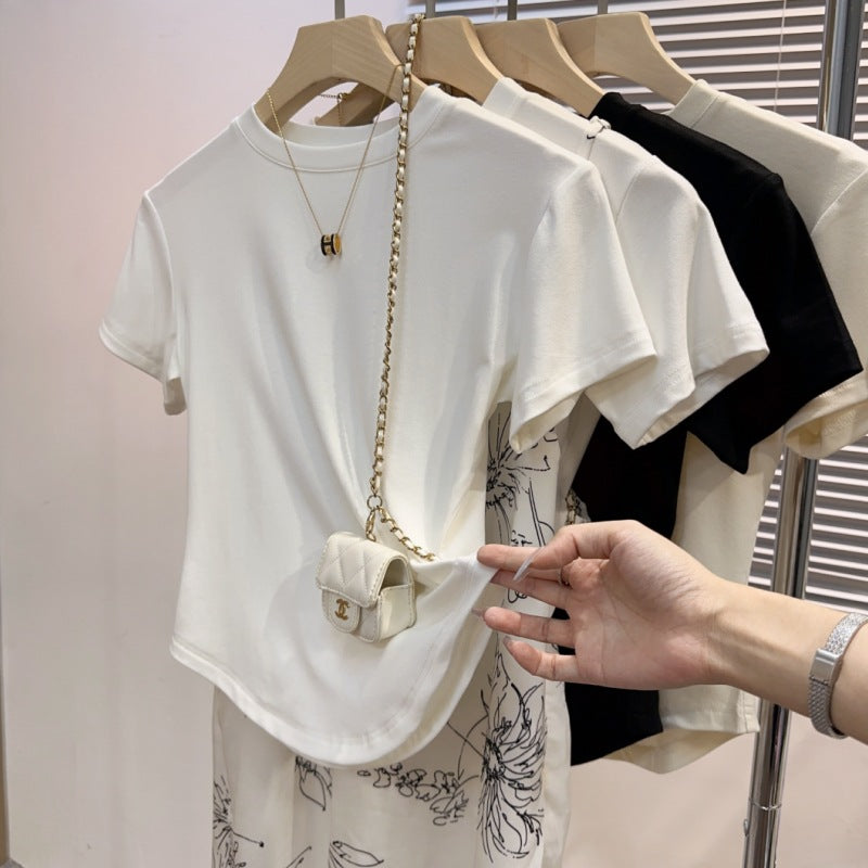 Irregular curved white ice silk short-sleeved t-shirt women's drape feeling slim and thin versatile thin semi-turtleneck top trendy