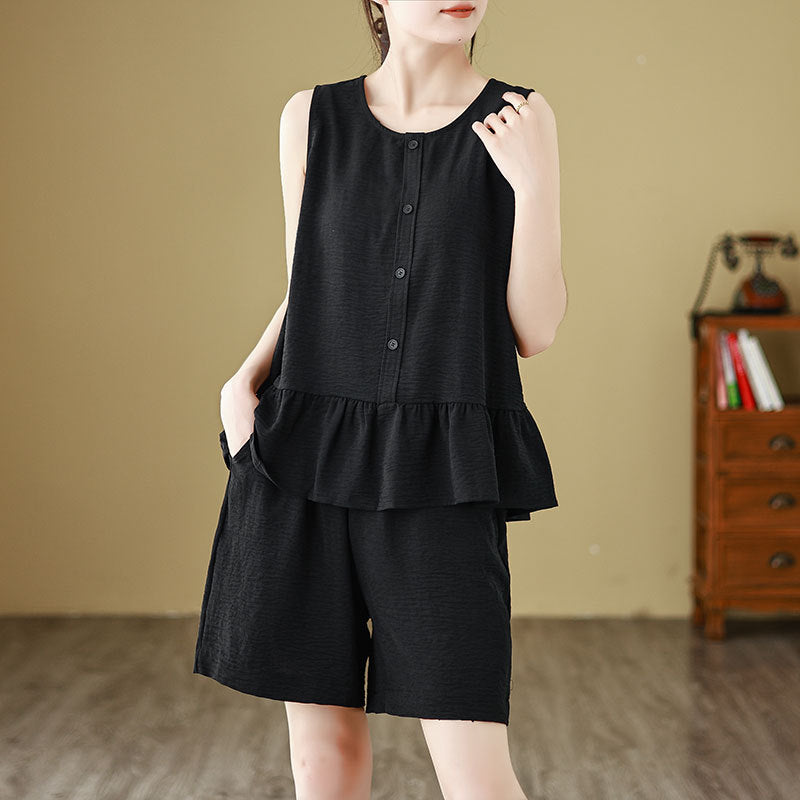 2025 summer new hem ruffle edge sleeveless loose top vest + shorts casual suit women's clothing