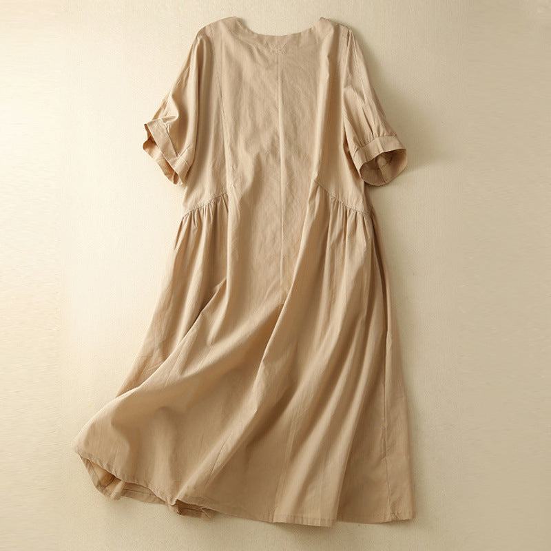 Real shot 2025 summer new literary large size loose solid color V-neck short-sleeved dress women's medium and long #8010