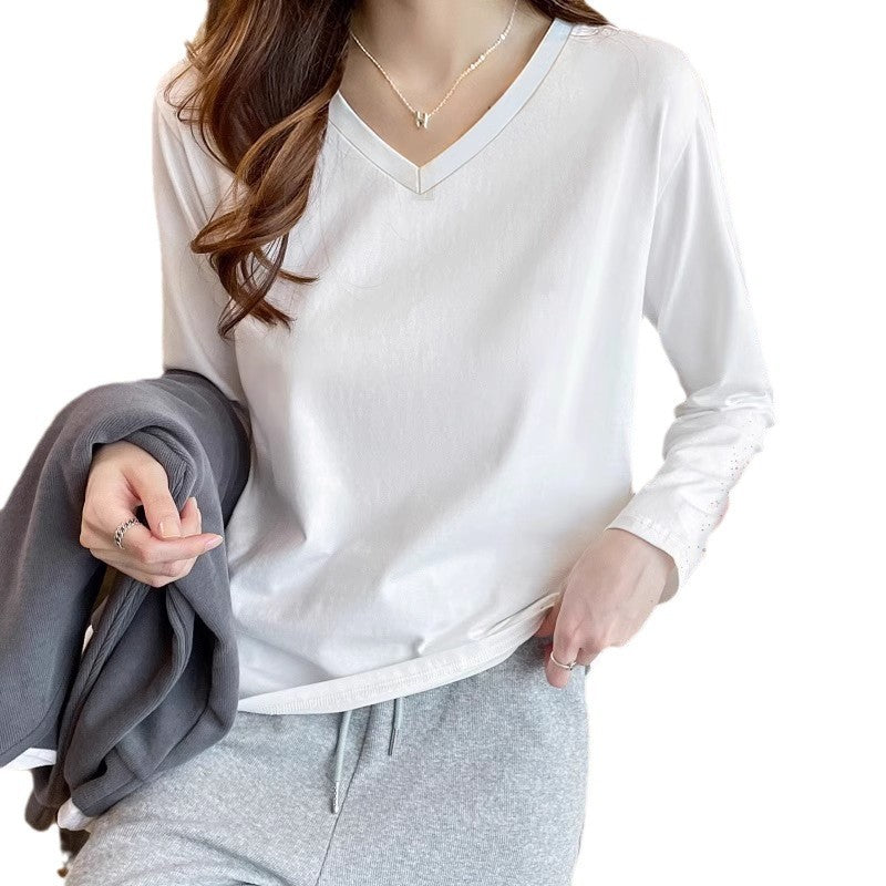 Double-sided German velvet white bottoming shirt for women's inner wear, autumn and winter velvet V-neck long-sleeved t-shirt sweater, loose thickened top