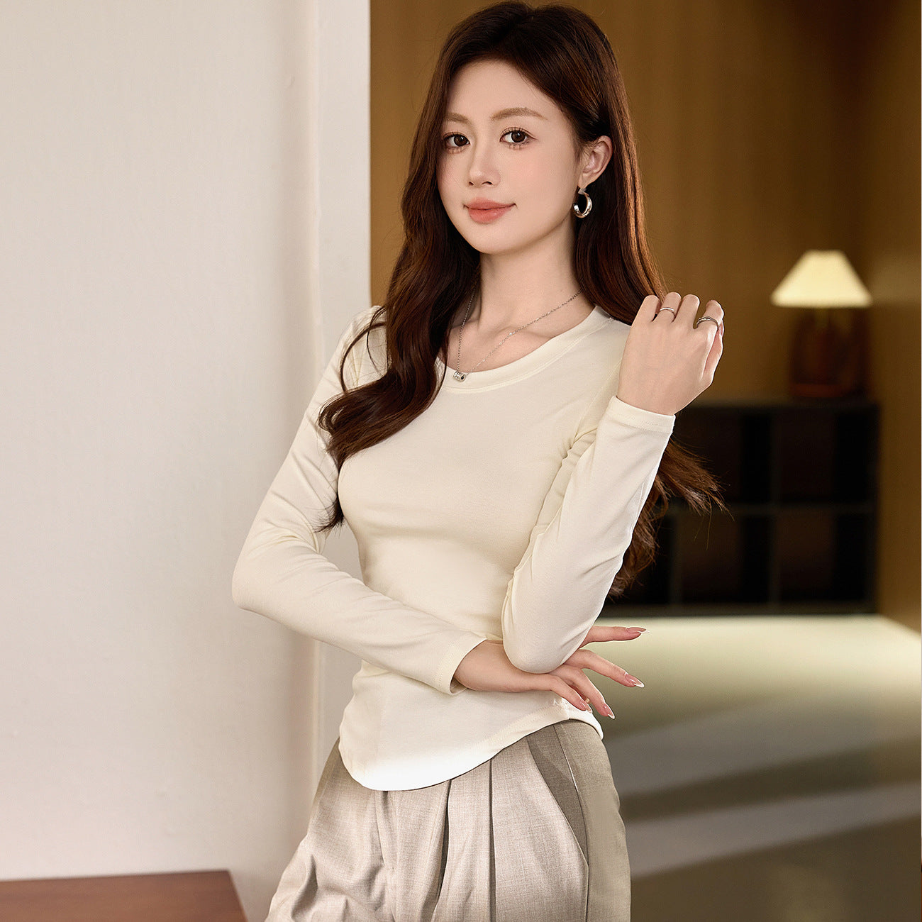 #Selection of pure cotton #Crew neck T-shirt women's long-sleeved 2026 autumn new irregular curved slim-fitting and thin bottoming shirt