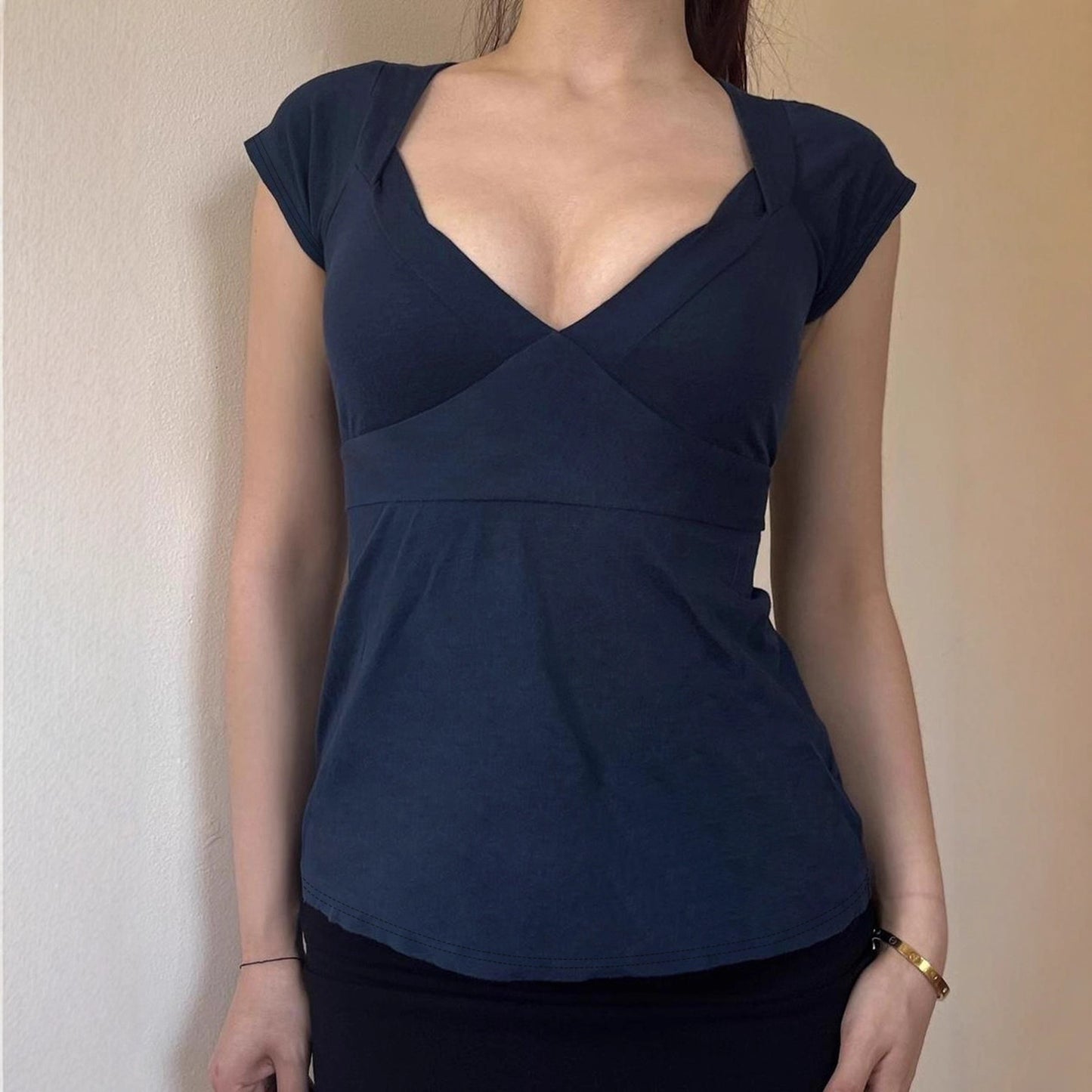 Love cloth forget pure desire style fashion splicing chest short-sleeved T-shirt Spice girl back strap bow base top