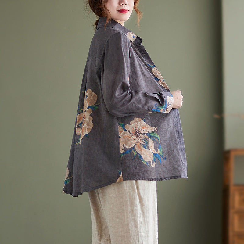 Real shot, spring 2025 new literary loose printing lapel long-sleeved shirt women's shirt top #8168