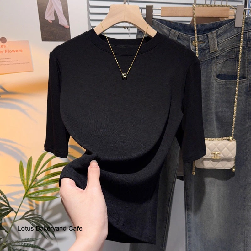 Brown half-sleeved T-shirt women's five-quarter-sleeved small stand-up collar medium-sleeved bottoming shirt spring and autumn Korean version slim-fitting versatile top