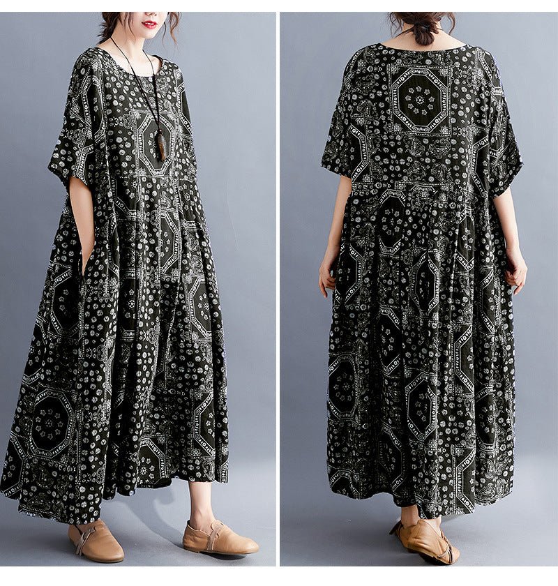 Real shot 2025 summer new literary large size loose printing round neck short sleeve dress women's long dress 6627 #